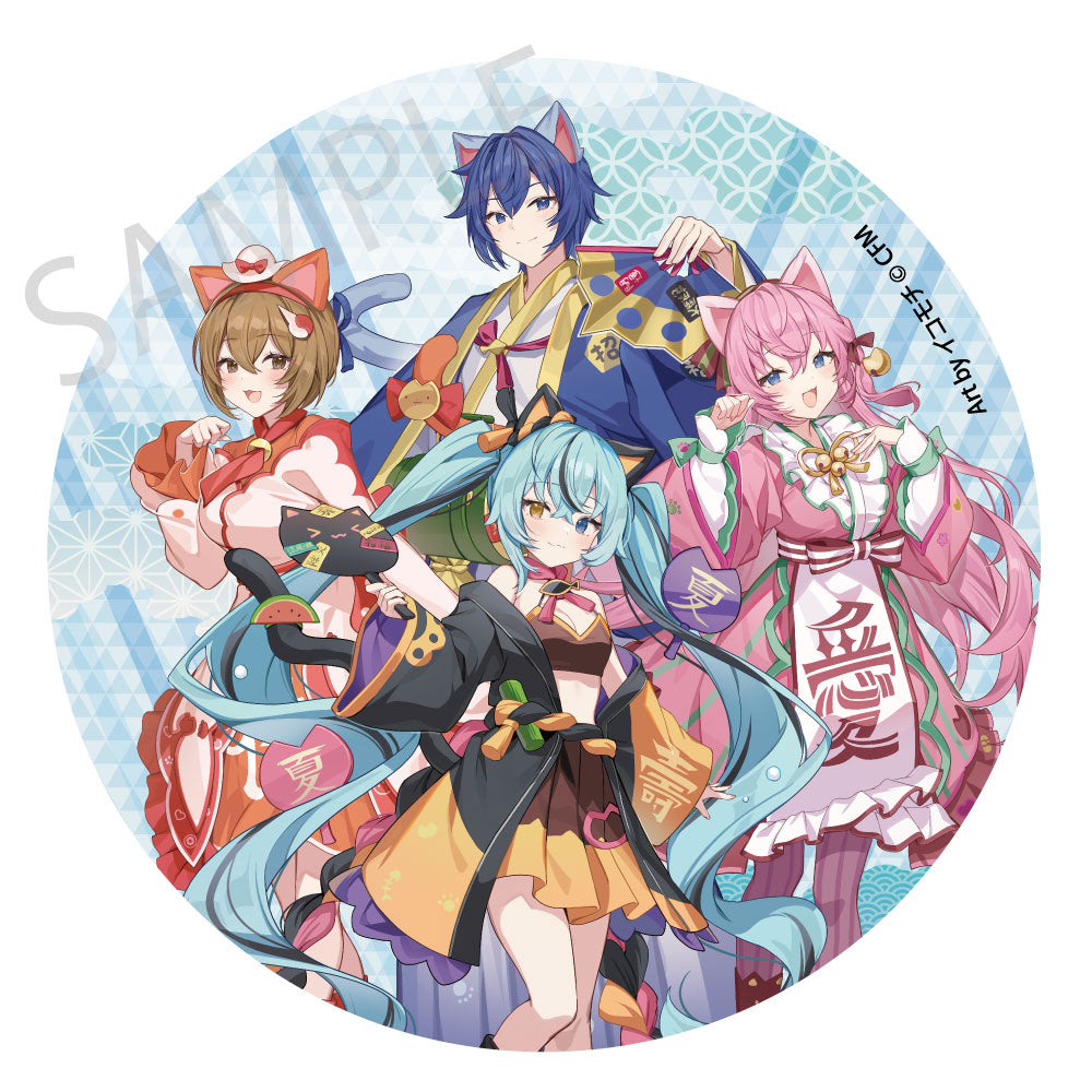 初音ミク×招き猫×真夏の熊谷 メガ缶バッジスタンド 初音ミク 黒猫/巡音ルカ/MEIKO/KAITO Art by イコモチ【予約商品】