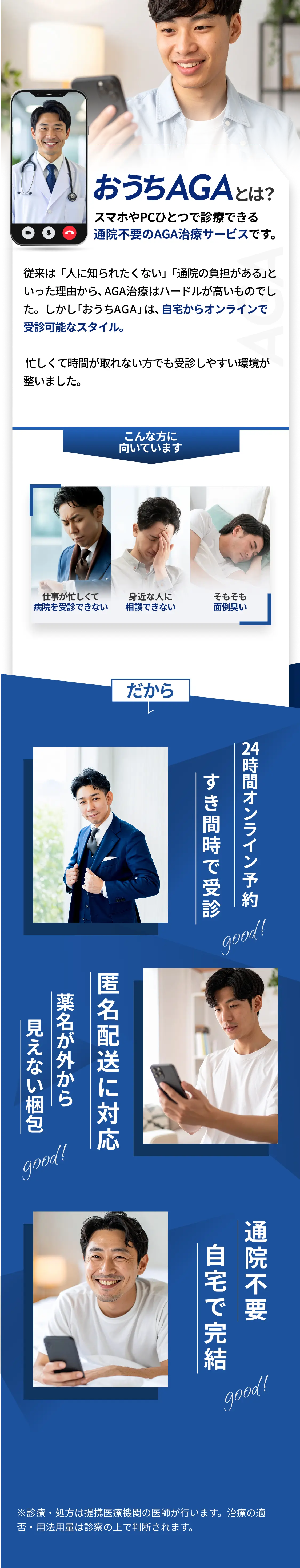 おうちAGAとはスマホやPCひとつで診療できる通院不要のAGA治療サービスです。従来は「人に知られたくない」「通院の負担がある」といった理由から、AGA治療はハードルが高いものでした。しかし「おうちAGA」は、自宅からオンラインで受診可能なスタイル。忙しくて時間が取れない方でも受診しやすい環境が整いました。こんな方に向いています 仕事が忙しくて病院を受診できない 身近な人に相談できない そもそも面倒臭い だから 24時間オンライン予約、すき間時間で受診 匿名配送に対応、薬名が外から見えない梱包 通院不要、自宅で完結